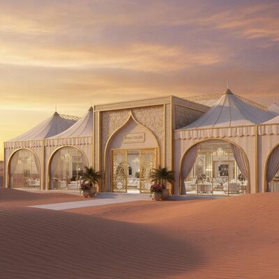 Πολυτελές πάρτι γάμου στην έρημο Arabian Desert Tent Tent ελεγχόμενο με χρυσό φινίρισμα για βασιλικούς εορτασμούς ΗΑΕ