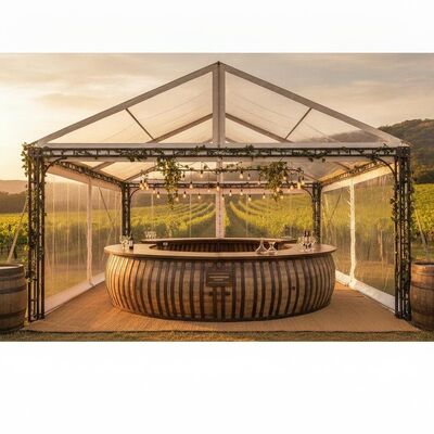 Vineyard Party Marquee Tent με ενσωματωμένο πάγκο γευσιγνωσίας Rustic Barrel Stave Aesthetic and Clear Vineyard View Panels PVC